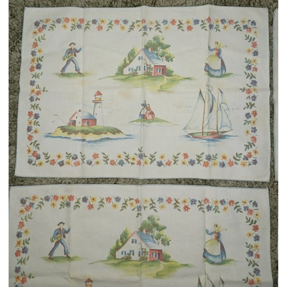 Vintage Cotton Lighthouse Sailboat House 4 Placemats and 4 Napkins Dutch Style